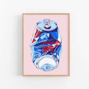 Impresión artística de Red Bull Arte mural de bebidas Póster de cocina Obra de arte de la bebida energética Redbull Póster grande colorido Impresión de lata de refresco de arte pop Arte de lata aplastada