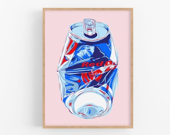 Red Bull art print Drink wall art Kitchen poster Redbull energy drink artwork Colorful large poster Pop art soda can print Crushed can art