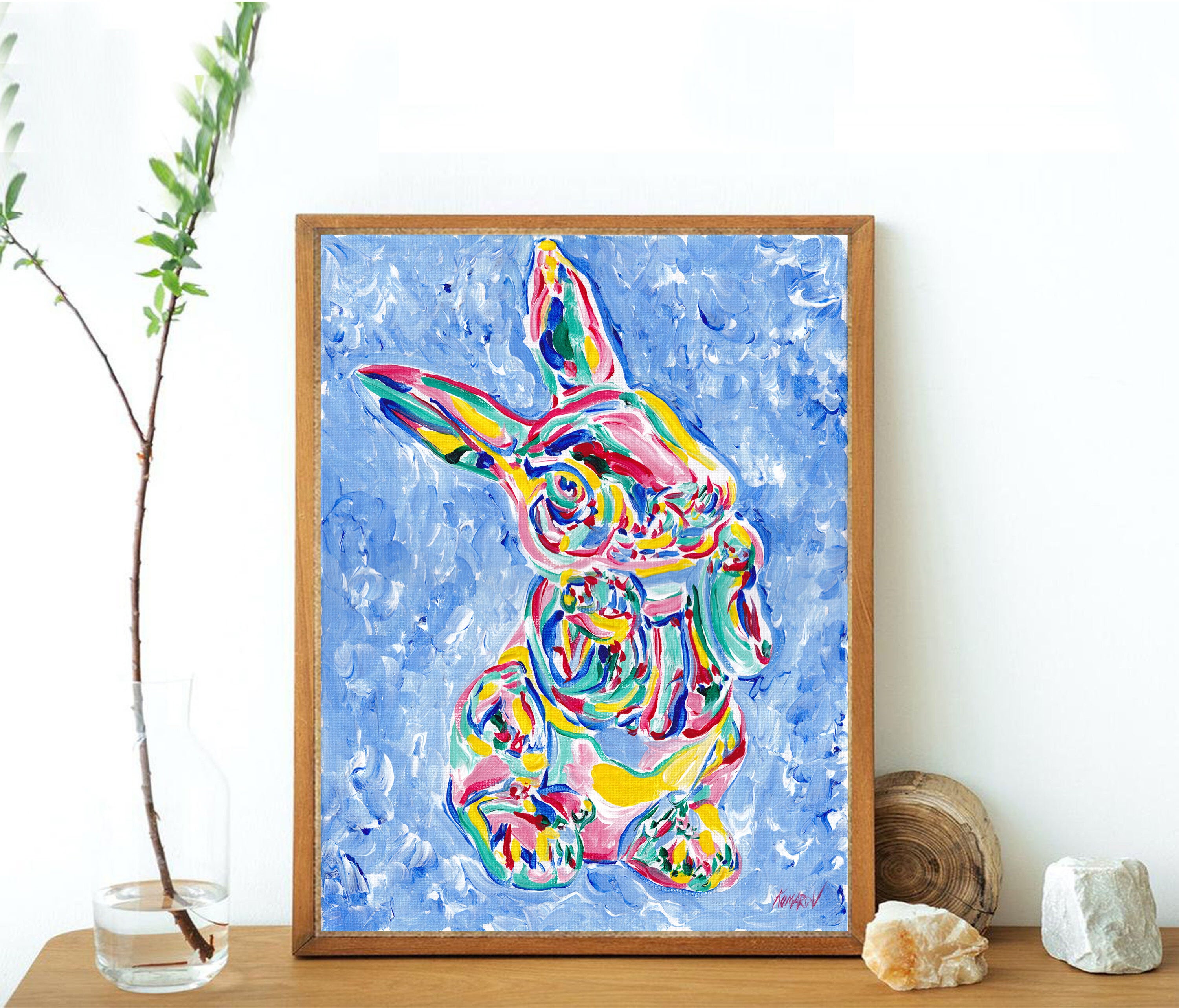 ウサギの絵画、カラフルな表現主義、オリジナル油絵（12x16） - Etsy 日本
