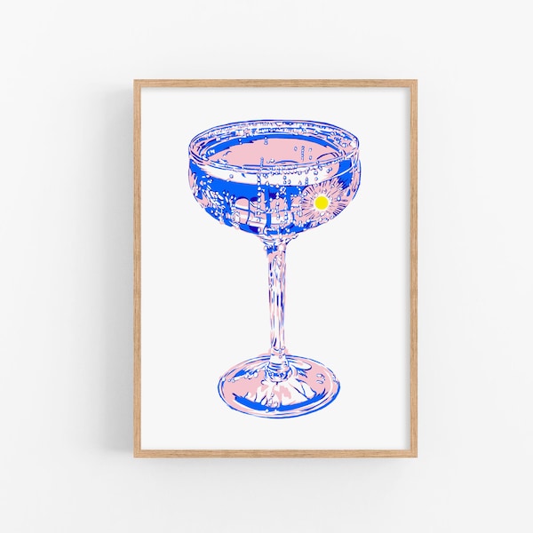 Champagne art print Kitchen poster Drink wall art Cocktail glass artwork Luxury bar cart wall decor Large pink blue poster Simple minimalist