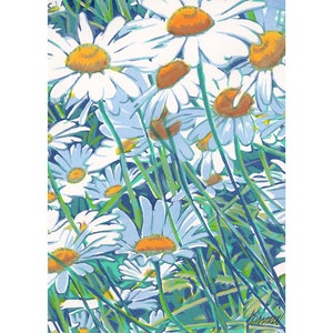 Dipinto di margherite, arte murale floreale, opera d'arte con fiori selvatici, arte grafica botanica primaverile, verde smeraldo colorato, 7 x 5, piccolo dipinto di KomarovArt