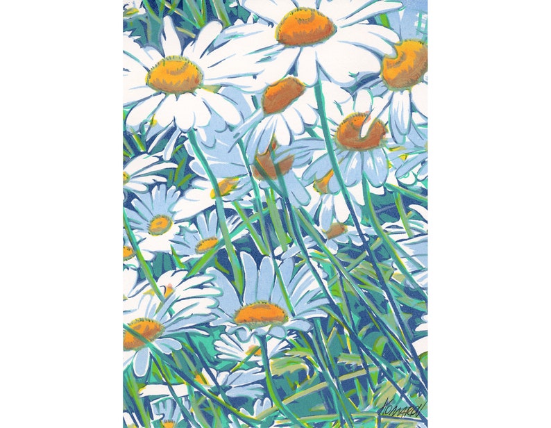 Daisy painting Floral wall art Wildflower artwork Spring botanical graphic art Colorful emerald green 7 by 5 Small painting by KomarovArt Only Artwork