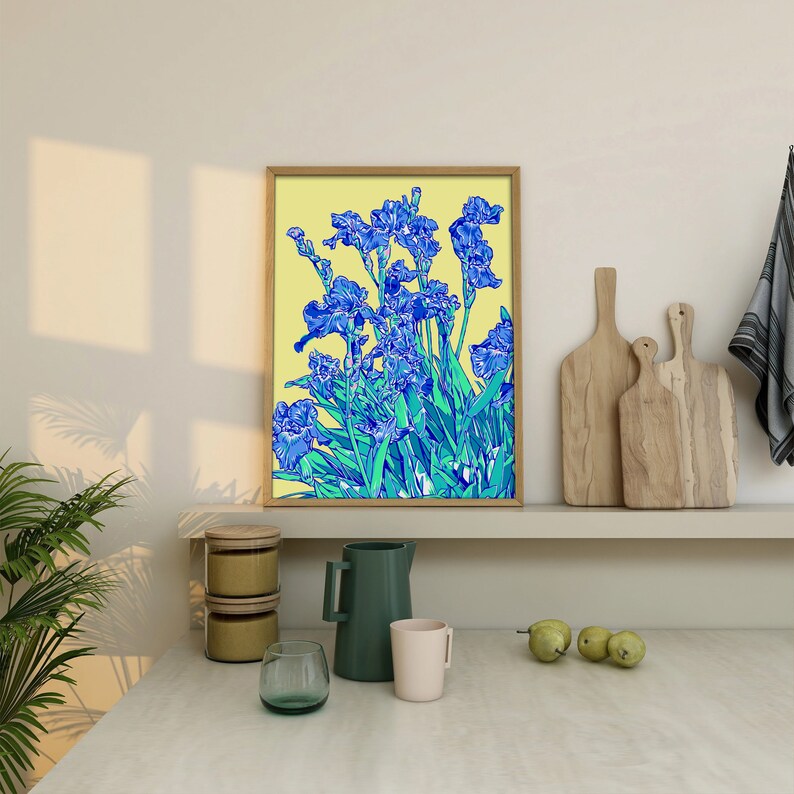 Iris art print Blue floral wall art Botanical poster Japanese flower artwork Large colorful wall decor Modern new home gift for her image 7