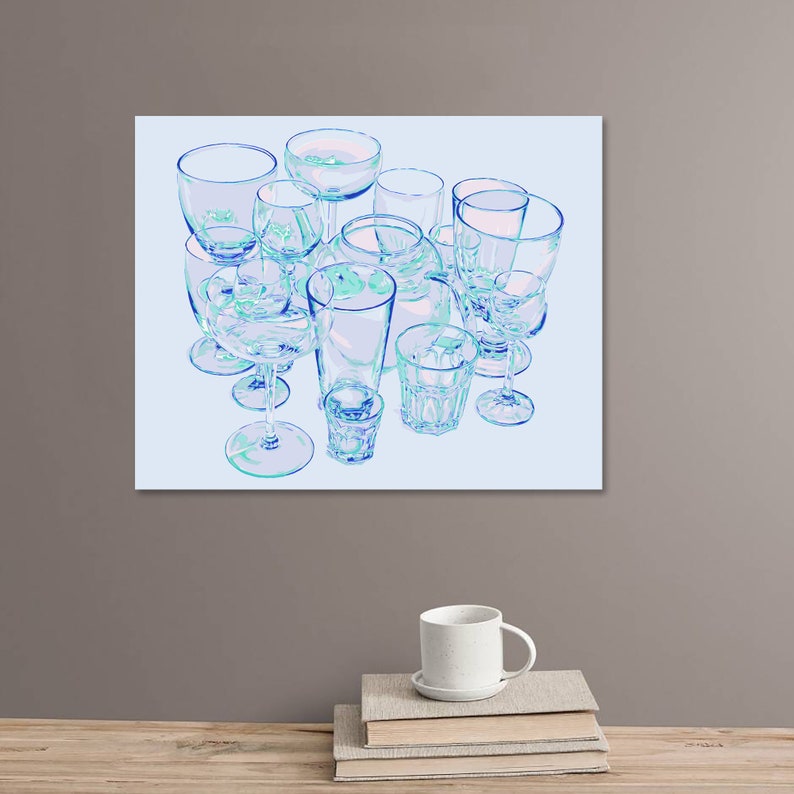 Glass art print Kitchen poster Drink wall art Wine artwork Inspirational wall decor Large blue poster Simple colorful pop art image 10