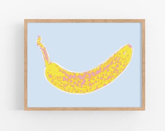 Banana art print Kitchen poster Fruit wall art Food artwork Yellow blue modern art print Foodie gift Ripe banana poster