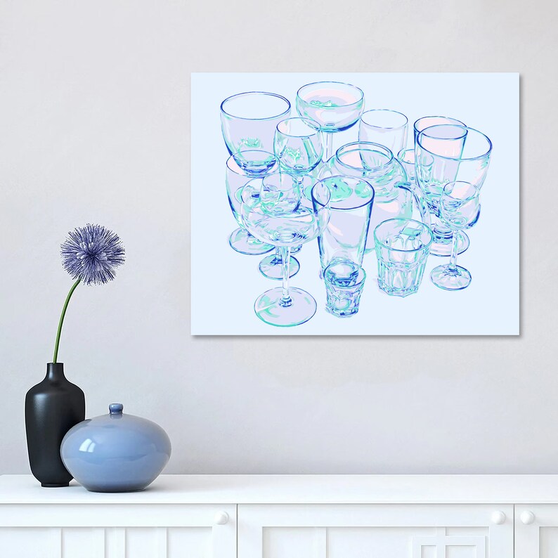 Glass art print Kitchen poster Drink wall art Wine artwork Inspirational wall decor Large blue poster Simple colorful pop art image 4