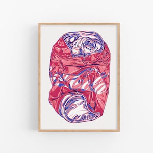 Coke can art print original Kitchen wall art Drink artwork Cola soda decor Bar pop art Crushed Coca-Cola Simple colorful Graphic art poster