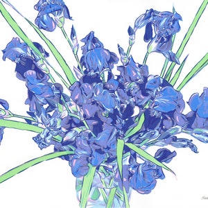 Iris painting Birth flower original art Floral wall art Blue bouquet artwork Simple colorful graphic art 16 by 20 Above sofa art by Komarov