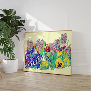 Floral art print Spring flower wall art Botanical poster Colorful viola Hyacinth artwork Large flower art print Pansy wall art