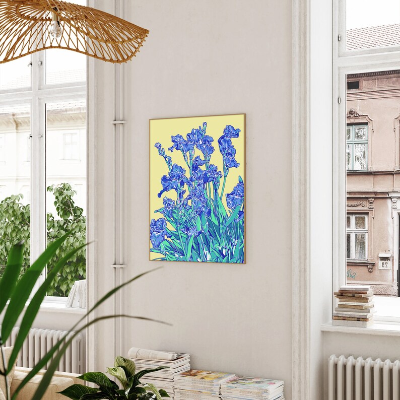 Iris art print Blue floral wall art Botanical poster Japanese flower artwork Large colorful wall decor Modern new home gift for her image 5