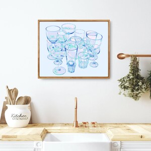 Glass art print Kitchen poster Drink wall art Wine artwork Inspirational wall decor Large blue poster Simple colorful pop art image 3