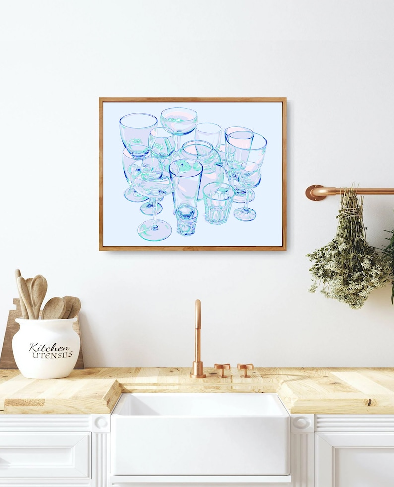 Glass art print Kitchen poster Drink wall art Wine artwork Inspirational wall decor Large blue poster Simple colorful pop art image 3