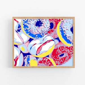 Donut art print Kitchen poster Food wall art Colorful artwork Tasty wall decor Large pink blue poster Sweet dessert painting Doughnut print