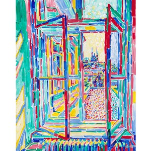 Pintura de ventana abierta Paisaje urbano Arte original Arte mural arquitectónico Obra de arte expresionista colorida Pintura al óleo de 20 por 16