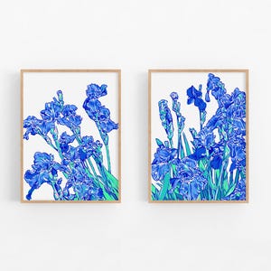 Iris art print Blue floral wall art Japanese flower artwork Set of 2 Botanical poster Modern farmhouse room decor Blue irises art prints