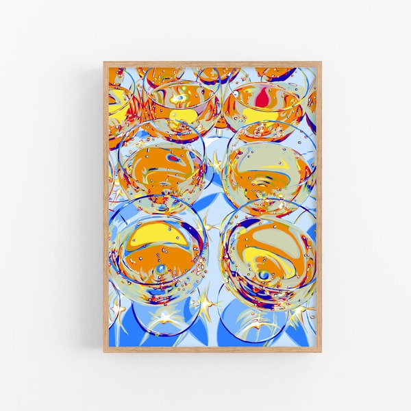 Champagne party art print Drink poster Sparkling wine glasses wall art Bar cart artwork Luxury lifestyle pop art Alcohol cocktail
