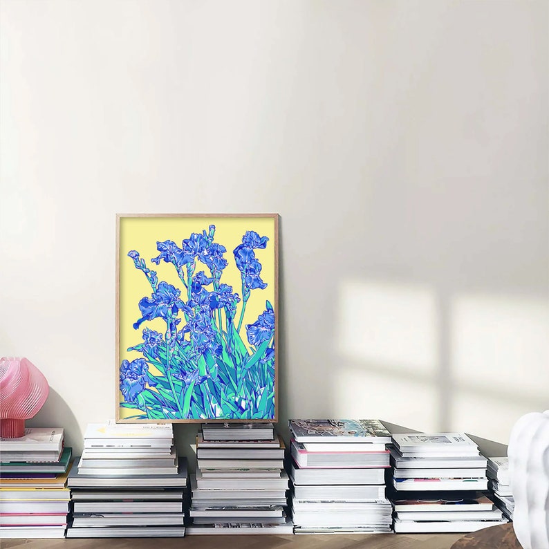 Iris art print Blue floral wall art Botanical poster Japanese flower artwork Large colorful wall decor Modern new home gift for her image 9