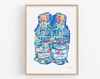 Vodka art print Bar wall art Alcohol artwork Kitchen poster Absolut vodka bottles fine art Bar cart decor Drink colorful pop art poster