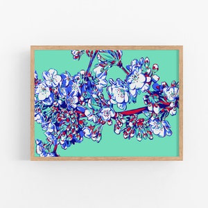 Cherry blossom art print Sakura floral wall art Botanical poster Spring flower artwork Large colorful wall decor New home gift for her