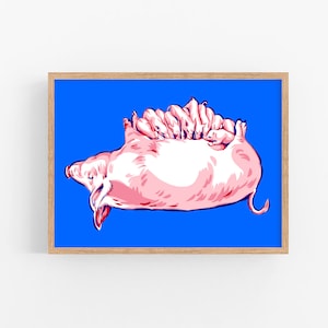 Pig with piglets art print Farm animals wall art Farmhouse artwork Pig poster Blue pink large wall decor Funny animal art print painting