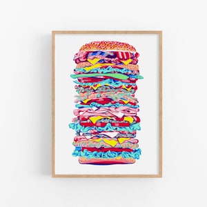 Burger art print Food graphic wall art Kitchen artwork Hamburger illustration Simple colorful pop art Large cheesburger fast food poster