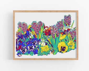 Floral art print Spring flower wall art Botanical poster Colorful viola Hyacinth artwork Large flower art print Pansy wall art