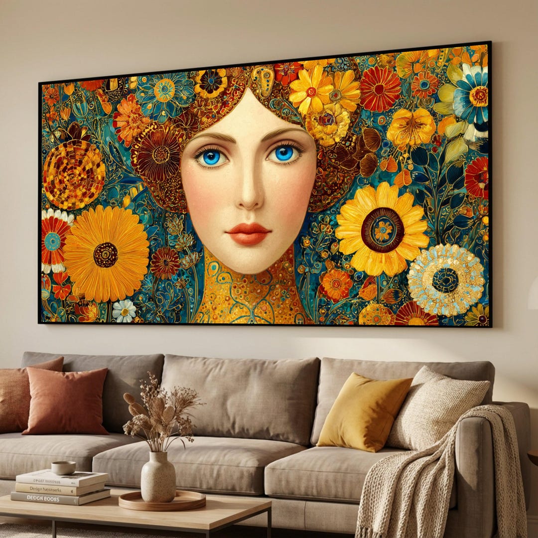 Gustav Klimt Floral Portrait Canvas, Colorful Woman Face Wall Art ...