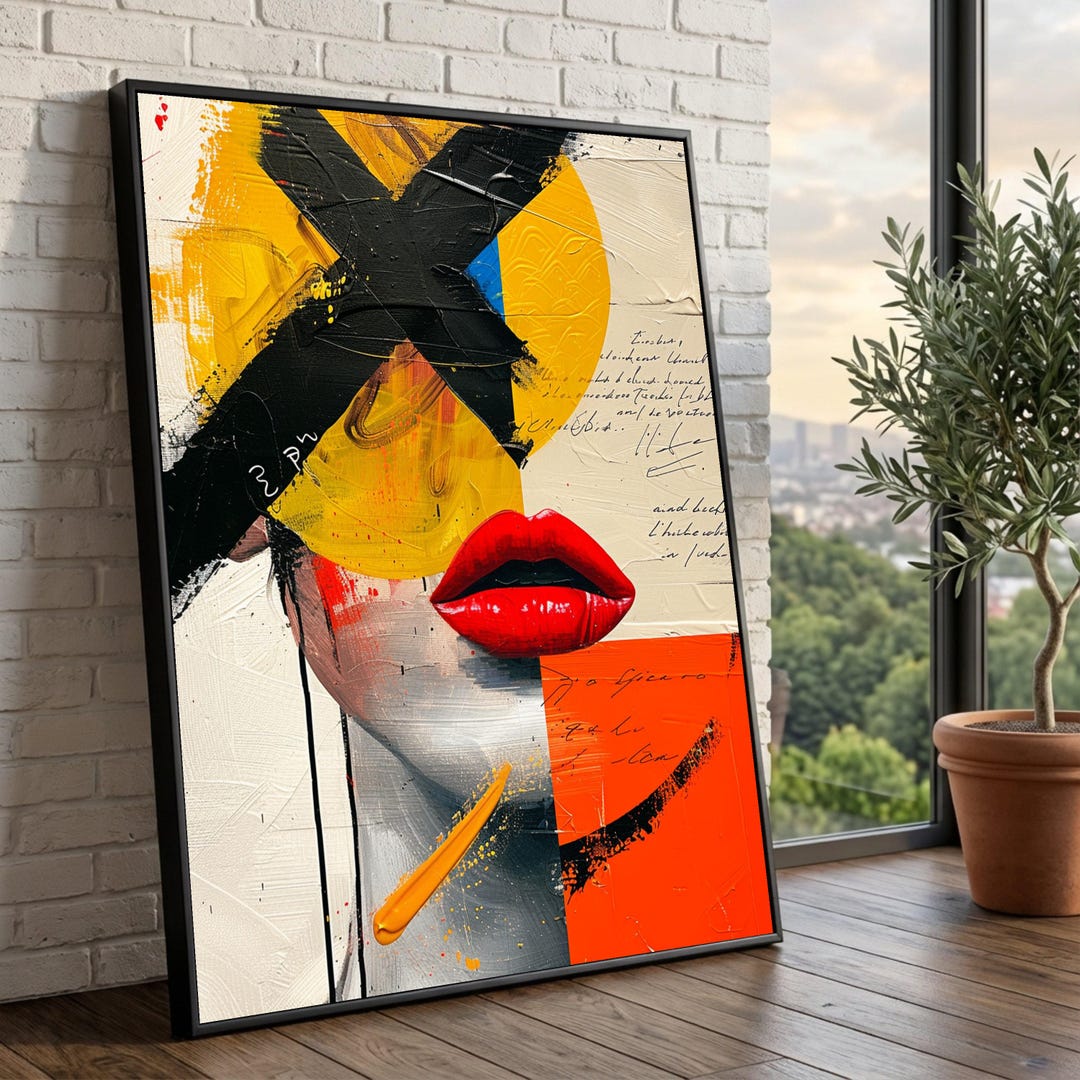 Abstract Modern Woman Portrait Canvas, Bold Red Lips Wall Art ...