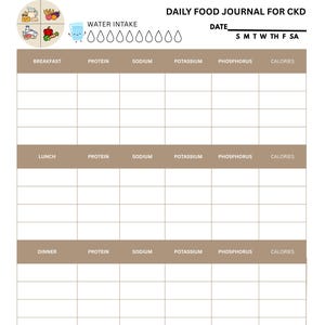 Op de afbeelding: Een afdrukbaar dagelijks voedingsdagboek voor mensen met chronische nierziekte (CKD). Het dagboek bevat secties voor ontbijt, lunch en diner, met kolommen voor eiwitten, natrium, kalium, fosfor en calorieën. Het heeft ook een waterinname-tracker.