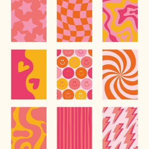 Puede incluir: Nueve dise&ntilde;os coloridos con patrones de estilo retro en tonos de rosa, naranja y amarillo. Los patrones incluyen estrellas, tablero de ajedrez, remolinos, caras sonrientes, corazones, rayas, una espiral y rayos. Los dise&ntilde;os est&aacute;n dispuestos en una cuadr&iacute;cula.