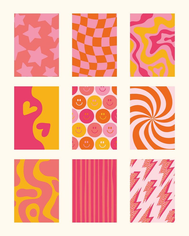Puede incluir: Nueve dise&ntilde;os coloridos con patrones de estilo retro en tonos de rosa, naranja y amarillo. Los patrones incluyen estrellas, tablero de ajedrez, remolinos, caras sonrientes, corazones, rayas, una espiral y rayos. Los dise&ntilde;os est&aacute;n dispuestos en una cuadr&iacute;cula.