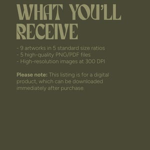 Puede incluir: Fondo verde oliva con el texto "WHAT YOU'LL RECEIVE" en una fuente vintage. El texto enumera 9 obras de arte en 5 tama&ntilde;os, 5 archivos PNG/PDF e im&aacute;genes de alta resoluci&oacute;n a 300 DPI. El texto inferior indica que es un producto digital.