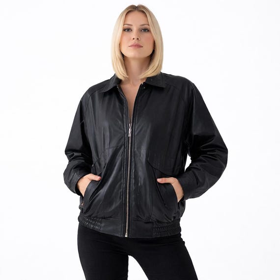 Women’s Oversized Black Leather Bomber Jacket – Full Grain Sheep Leather Jacket, Relaxed Fit Streetwear Coat, Gift for Her