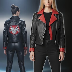 May include: Black leather jacket with red accents on the collar, cuffs, and inner lining. The jacket features a zipper closure and a decorative design on the back. The model is wearing black pants.