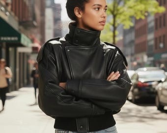 Women’s Oversized Black Leather Jacket – High Neck Trendy Streetwear Outerwear, Stylish Fashion Jacket Gift for Her
