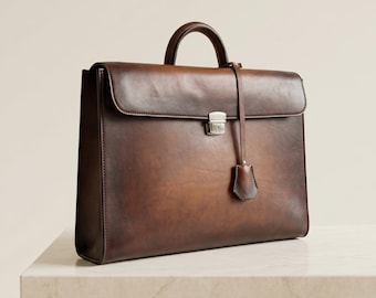 Handmade Full Grain Leather Briefcase for Men and Women, Personalized Vintage Laptop Bag 15 Inch, Brown Office Satchel, Gift for Him