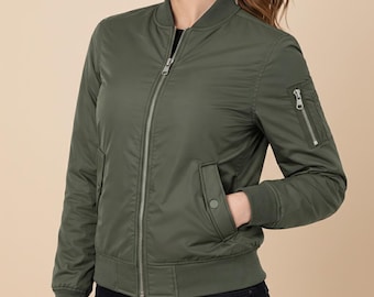 Olive Green Satin Bomber Jacket for Women – Brooklyn 99 Inspired Gina Style Jacket – Rib Knit Zip Up Casual Streetwear Coat