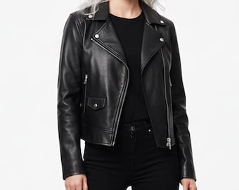 Womens Lambskin Biker Jacket – Handmade Slim Fit Moto Leather Jacket, Classic Black Real Leather Coat, Gift for Her