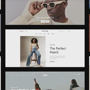 May include: A collage of website screenshots featuring fashion and lifestyle products. The images showcase clothing, accessories, and lifestyle items, including sunglasses, sweaters, skateboards, and socks. The websites have clean, modern designs.