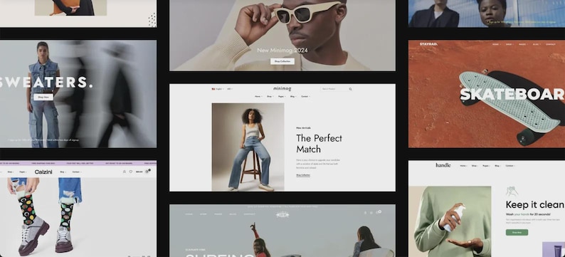 May include: A collage of website screenshots featuring fashion and lifestyle products. The images showcase clothing, accessories, and lifestyle items, including sunglasses, sweaters, skateboards, and socks. The websites have clean, modern designs.