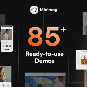 Könnte beinhalten: Werbebild für Minimog mit schwarzem Hintergrund und Website-Mockups. Der Text "85+ Ready-to-use Demos" ist orange. Das Minimog-Logo befindet sich oben links.
