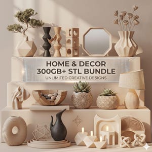 May include: A display of home decor items, including vases, planters, a mirror, and a lamp. The items are arranged on tiered platforms. The text on the display reads "HOME & DECOR 300GB+ STL BUNDLE UNLIMITED CREATIVE DESIGNS."