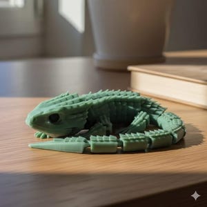 May include: A detailed, green 3D-printed lizard figurine with a segmented body and textured scales. The lizard is posed on a wooden surface, showcasing its intricate design and lifelike features. The figurine is a unique decorative item.