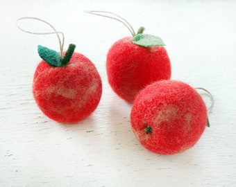 Wool Felted Red Apple Ornament, Rustic Christmas Decor, Stocking Stuffer