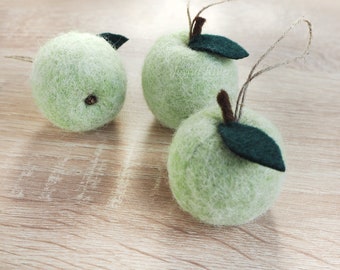 Handmade Green Wool Felt Apple Ornament, Rustic Holiday Decor