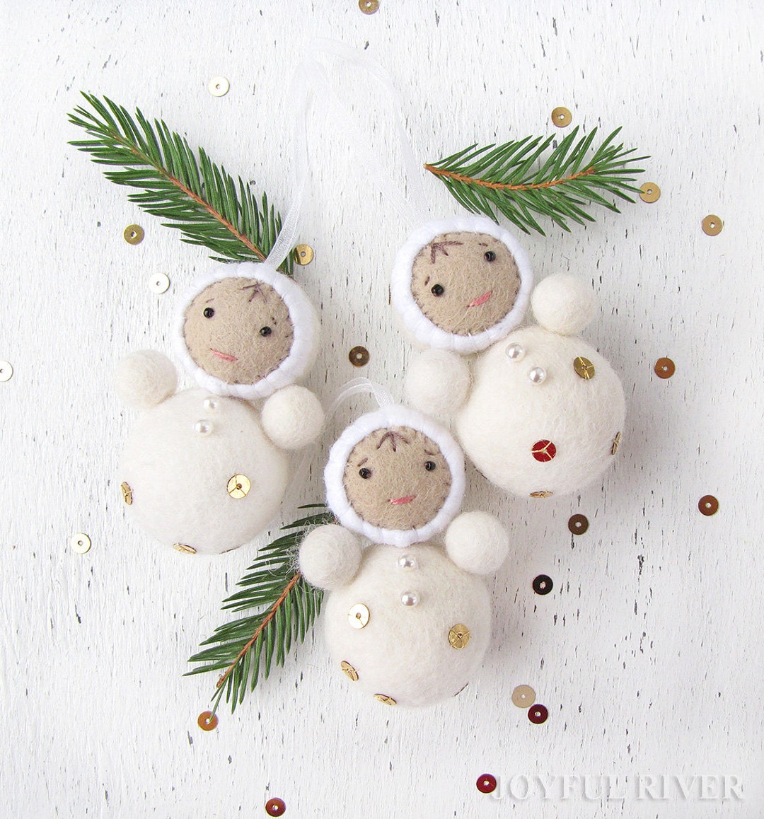 3d Felt Roly Poly Felt Roly Poly Doll Ornaments (set of 3) - White & Gold Christmas Decor ...