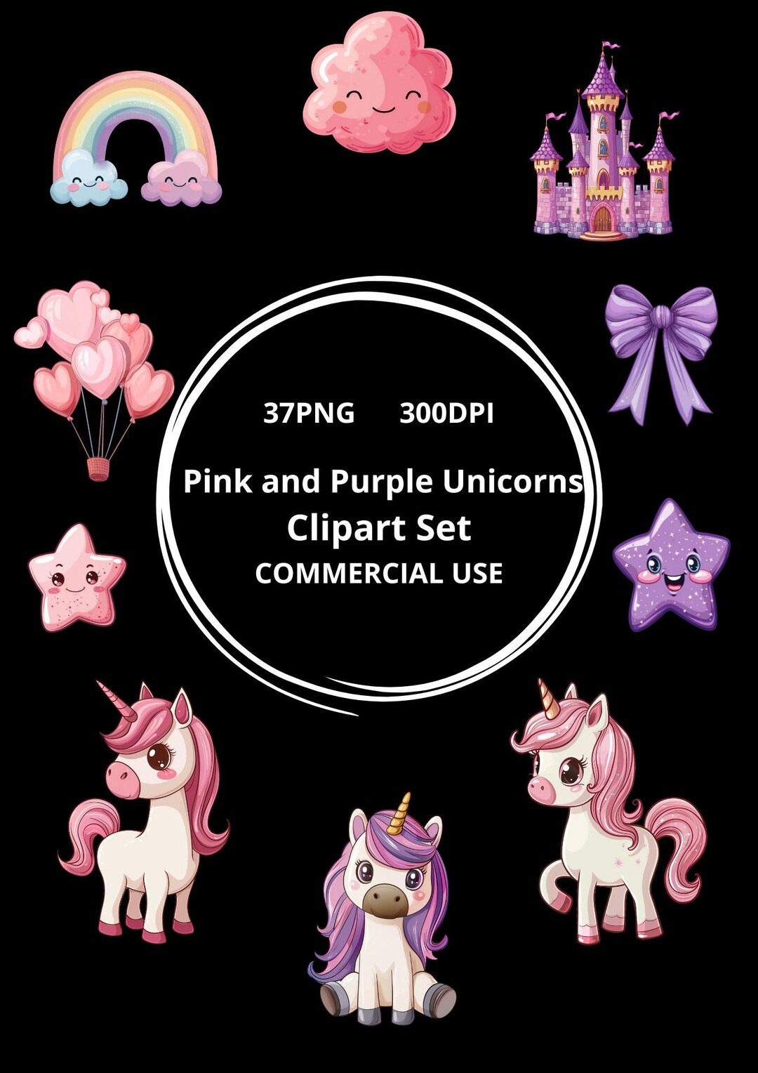 Pink & Purple Unicorn Clipart: Rainbow Castle PNG Set (digital Download ...
