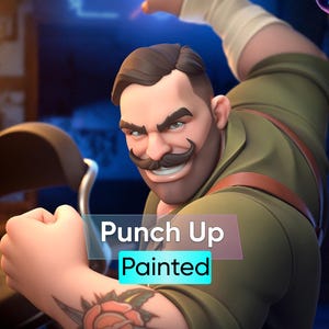 May include: A digital illustration of a muscular man with a handlebar mustache, wearing an olive green shirt and a bandage on his arm. The image has the text "Punch Up Painted" in a blue and green box.
