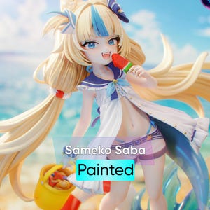 May include: A painted full-size figure of Sameko Saba, a character with blonde hair and blue highlights, wearing a sailor-style outfit and holding a watermelon ice lolly. The figure is posed on a beach setting with a yellow bucket.