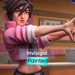 May include: A full-size figure of a person with short brown hair, wearing a pink jacket over a black top, and dark pants. The figure is holding a cigarette and has the words "Invisigal Painted" on the image.